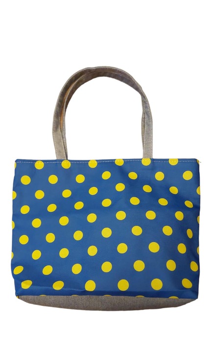 Geanta plaja, 40x31 cm, Albastru cu buline galbene, 100% bumbac