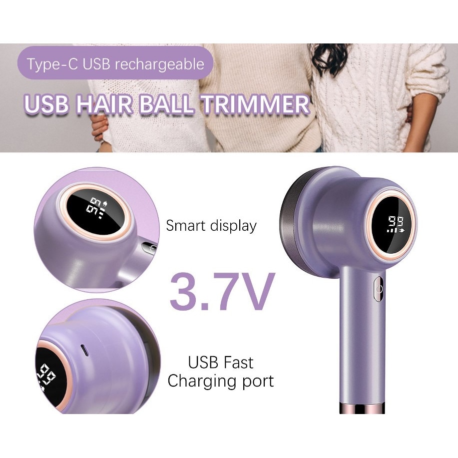 Aparat de curatat scame, VERSAGO, incarcare USB tip C, afisaj LED, 3 trepte, 8500 rpm, cutit de rezerva inclus, Mov