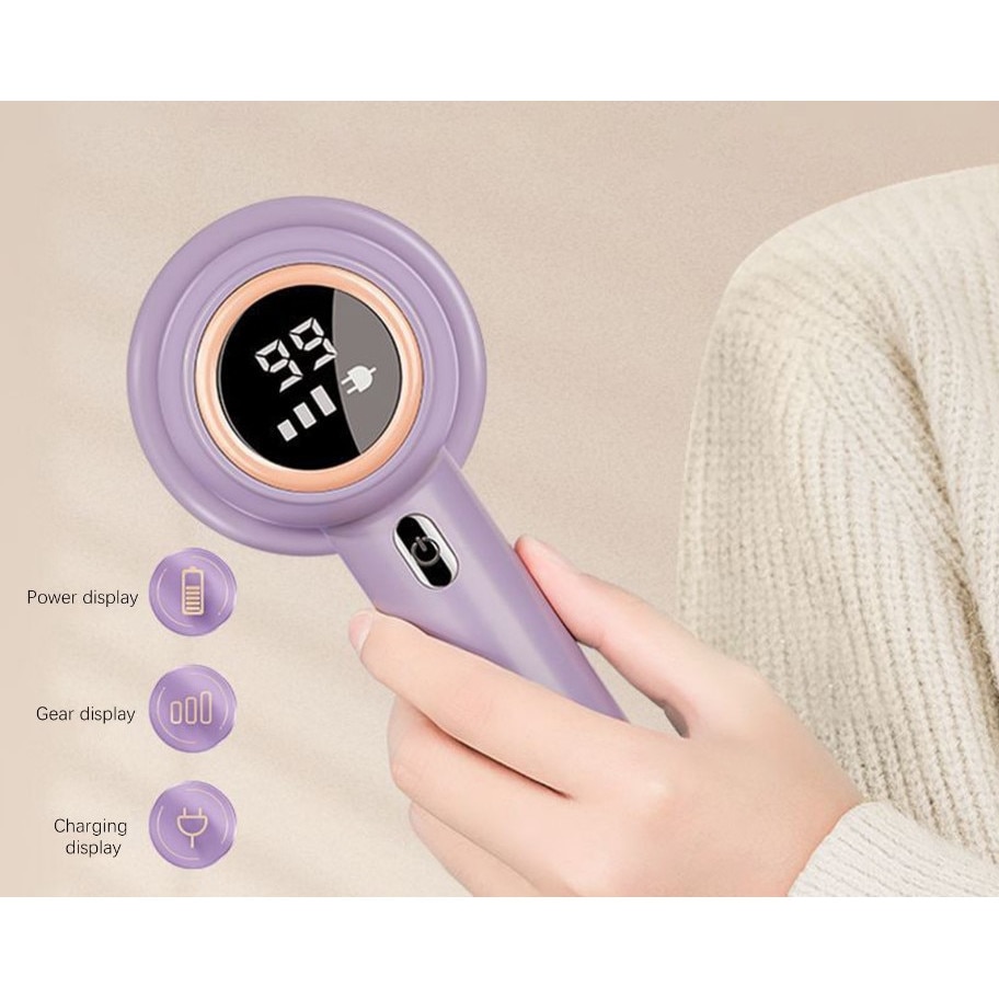 Aparat de curatat scame, VERSAGO, incarcare USB tip C, afisaj LED, 3 trepte, 8500 rpm, cutit de rezerva inclus, Mov