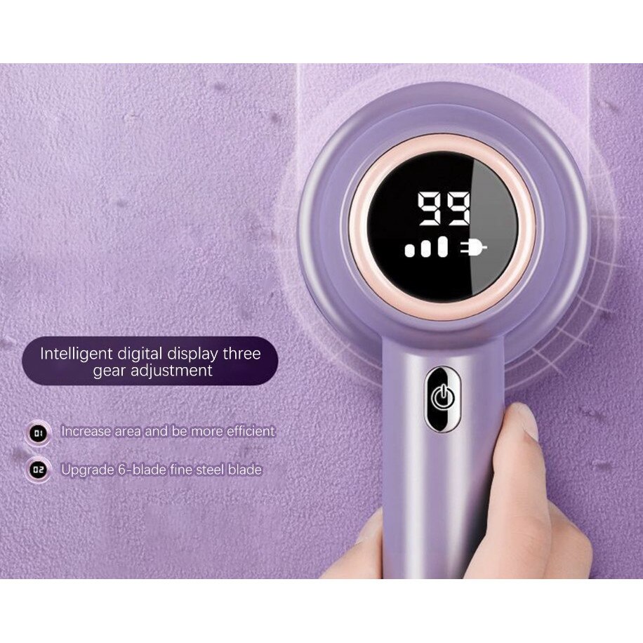 Aparat de curatat scame, VERSAGO, incarcare USB tip C, afisaj LED, 3 trepte, 8500 rpm, cutit de rezerva inclus, Mov