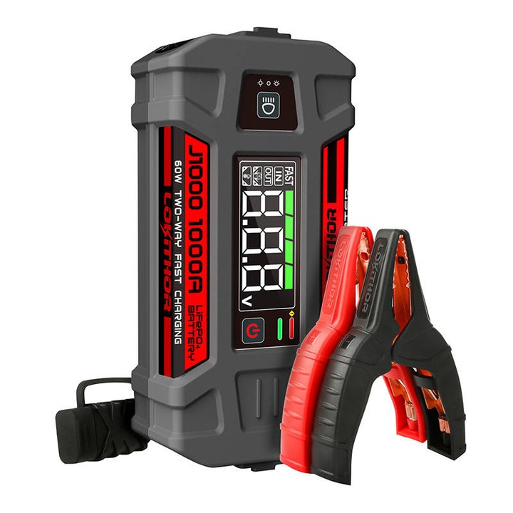 Redresor auto Lokithor J1000 Starter, cu clesti pentru pornire motor diesel sau benzina, 1000A, USB/USB-C, functie de powerbank, Negru