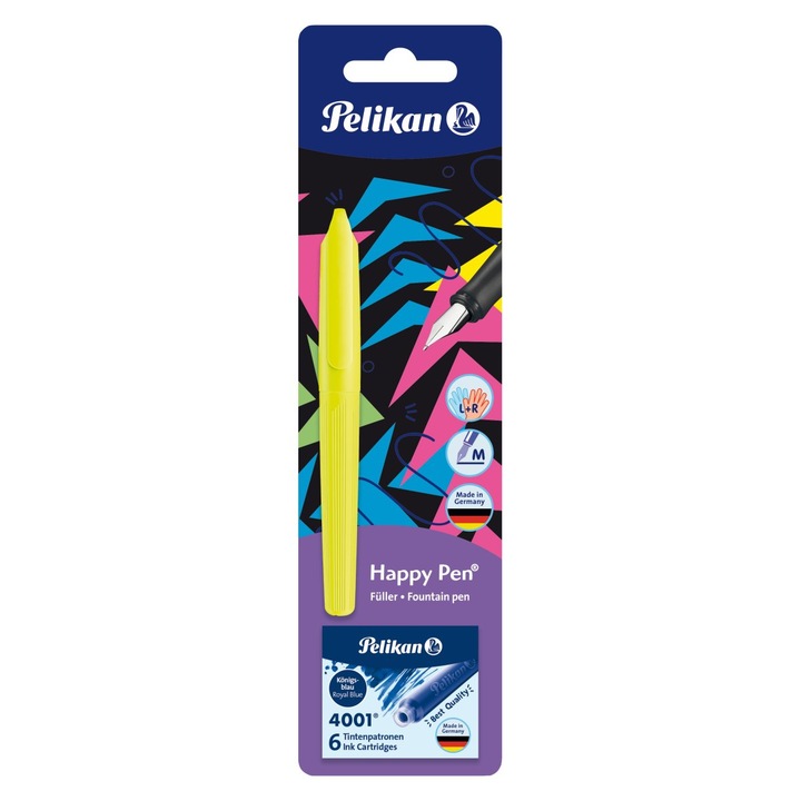 Stilou Pelikan Happy Pen cu set 6 rezerve cerneala, culoare galben neon, blister