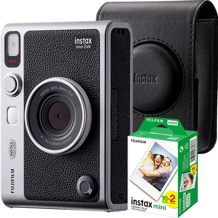 Set aparat foto Fujifilm Instax mini Evo, negru, cu geanta si film 2x10