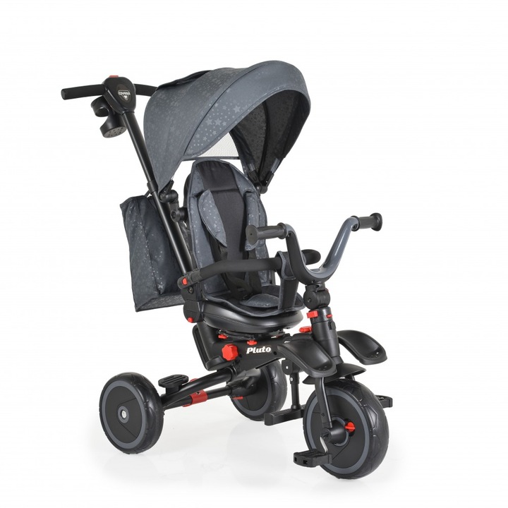 Tricicleta pentru copii Byox Pluto Grey pliabila, cu scaun rotativ si spatar reglabil, roti din cauciuc Eva, maner cu control al directiei, 2 seturi suport picioruse, sistem roata libera si frana pe rotile din spate