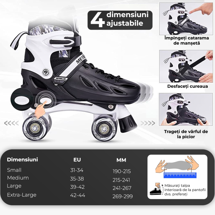 Role Reglabile Elindor® pentru Copii si Adulti, 4 Roti Luminoase din Silicon Quad, Rulmenti ABEC-7, Frana Fata, Aluminiu / Poliuretan, Patine cu Rotile pentru Fete, Baieti, Dama, MR014R, Marimea L, 37-40, Negru