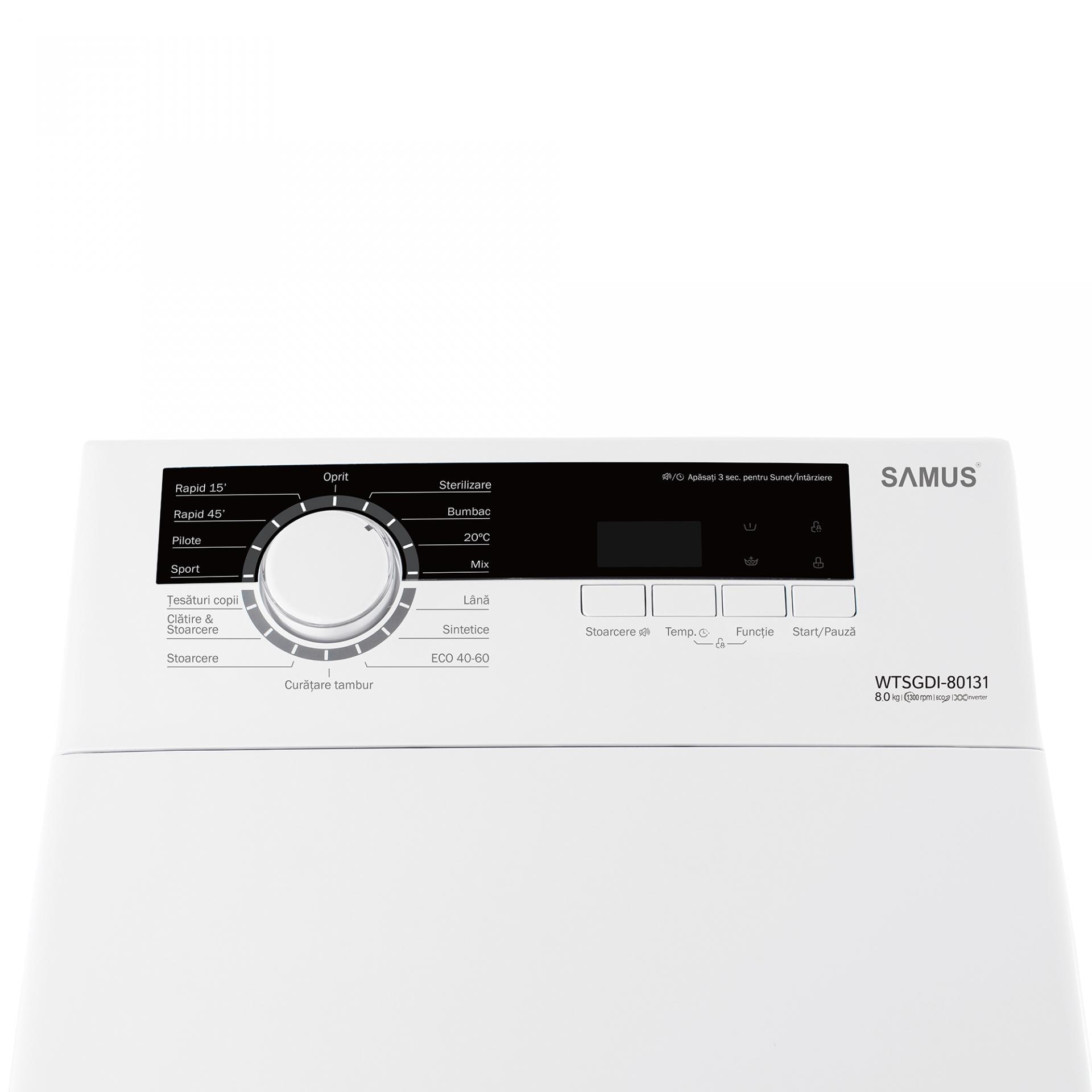 Masina de spalat rufe verticala Samus WTSGDI-80133, 8 kg, 1300 rpm, Motor Inverter, 15 Programe, Clasa energetica A, latime 40 cm, Afisaj electronic, Blocare acces copii, Alb