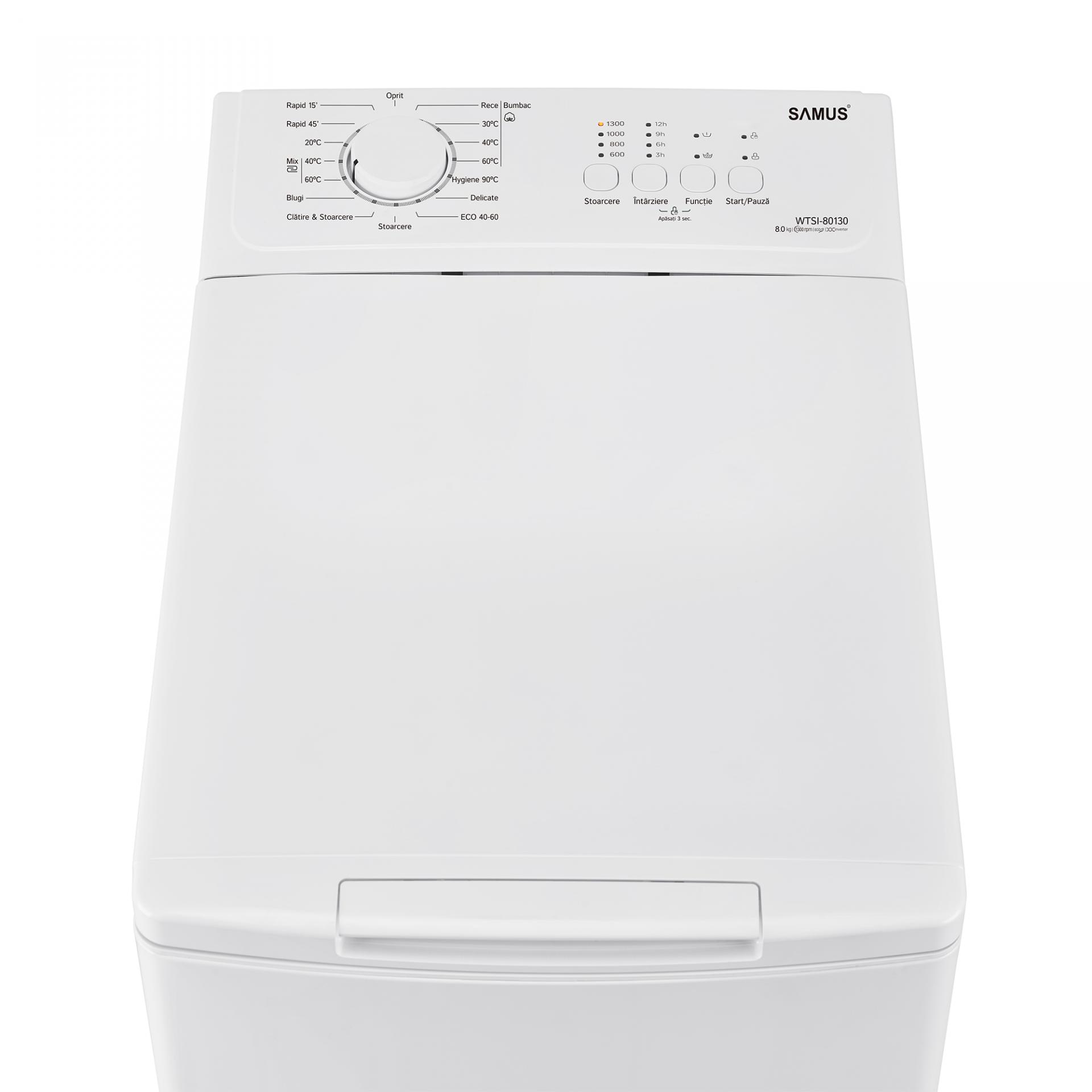 Masina de spalat rufe verticala Samus WTSI-80132, 8 kg, 1300 rpm, Motor Inverter, 15 programe, latime 40 cm, Programe speciala Hygiene, Blugi, Blocare acces copii, auto-echilibrare tambur, Alba