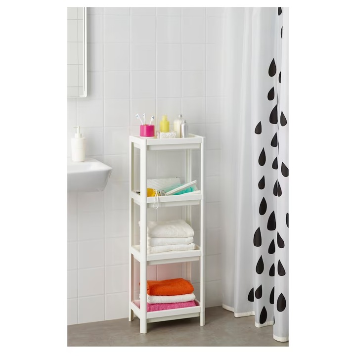 Етажерка за баня, кухня с 4 пластмасови рафта, бяла, височина 100,6 см