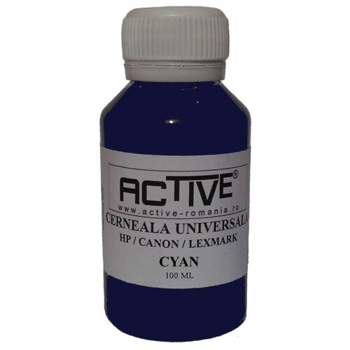 Cerneala refill Universala ACTIVE, 100 ml, CYAN / Albastru, compatibila cu cartuse inkjet HP, Lexmark, Canon