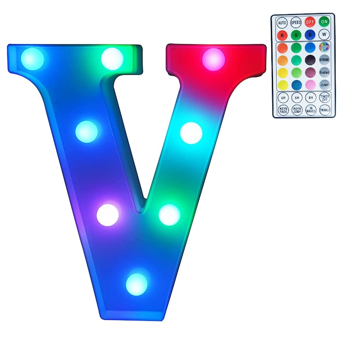 Litera V 3d luminoasa led, volumetrica, cu telecomanda pentru controlul culorilor si a setarilor ledurilor, pe baterii, multicolor, inaltime 22 cm