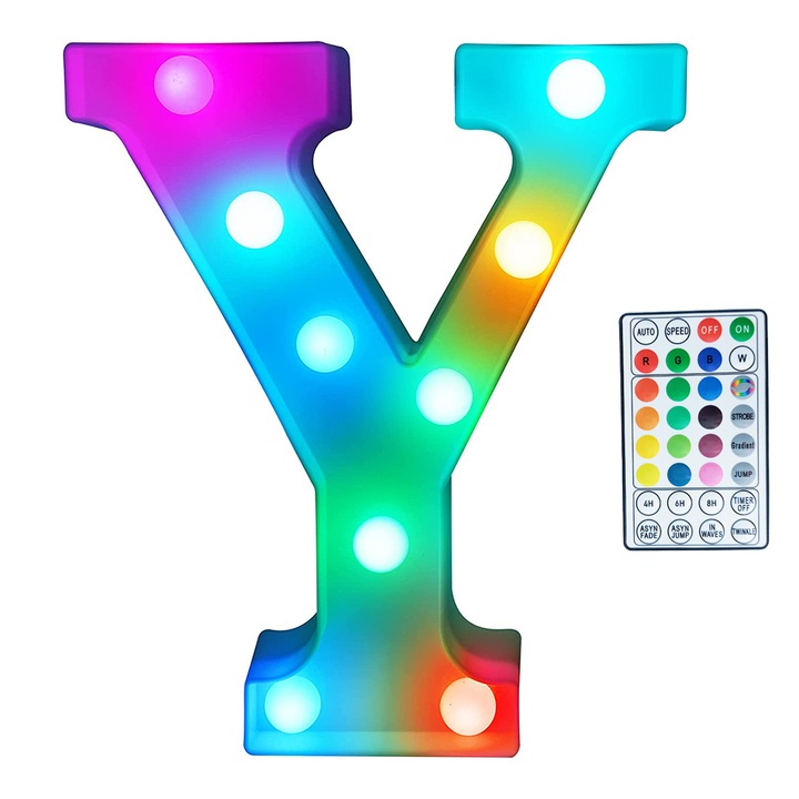 Буква Y 3d светещ светодиод, обемен, с дистанционно за управление на цветовете и настройките на светодиодите, на батерии, многоцветен, височина 22 см