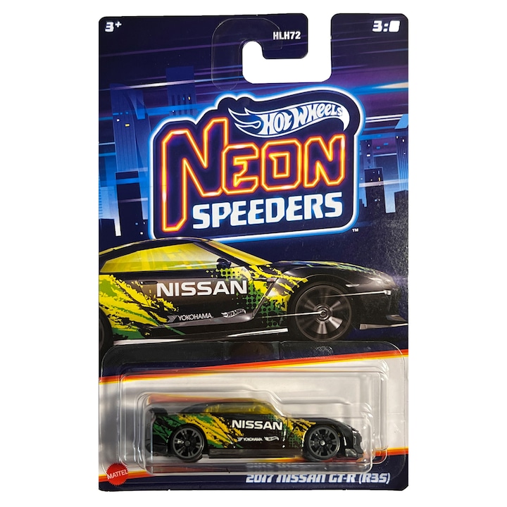 Метална кола Hot Wheels, Neon Speeders 2017 Nissan GTR R35, 1:64, Черен