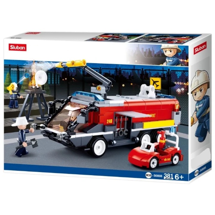 Sluban M38-B0808 építőkészlet, Repülőtéri tűzoltóság, 381 db, 3 figura, 6+ év, Többszínű