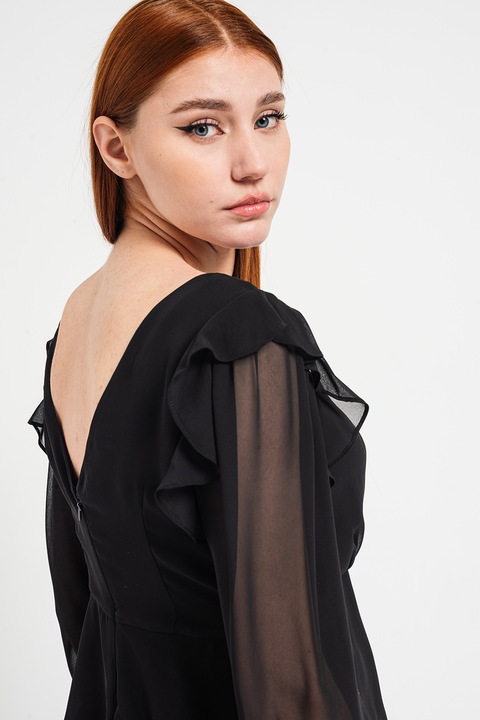 Esprit, Bluza cu decolteu in V si maneci din sifon, Negru