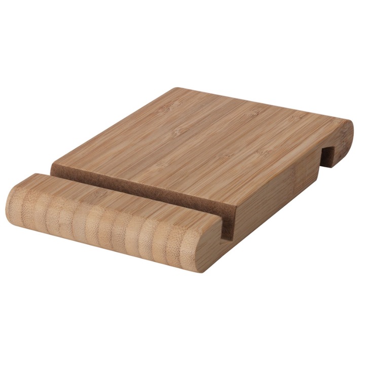 Dupla univerzális bambusz állvány telefonhoz és táblagéphez, 2 nyílással és állítható vastagsággal (0,9 cm - 1,1 cm), mérete 13 x 8 cm, világosbarna színű