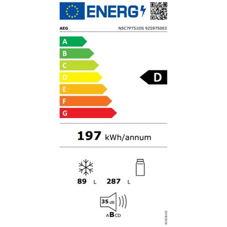 Combina frigorifica incorporabila AEG NSC7P751DS, 376 l, No Frost, WiFi, Ventilator interior, Usi reversibile, Control electronic, Clasa D, H 189 cm