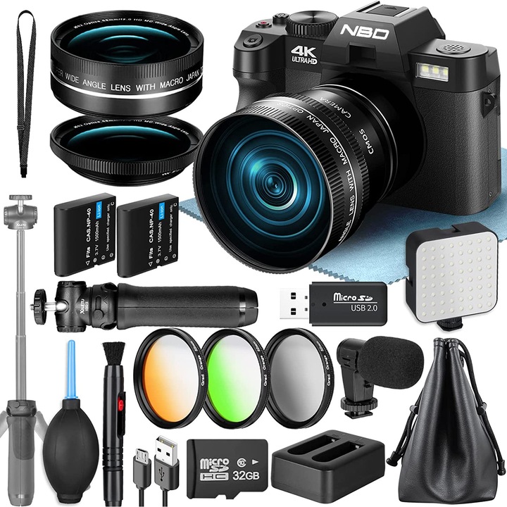 Цифров фотоапарат NBD, 48 MP, 16X цифрово увеличение, 3 цветни филтъра и дръжка за статив, черен