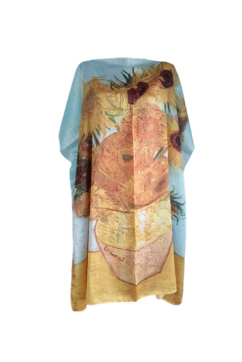 Rochie Plaja tip Tunica, Imprimeu Pictura Celebra, Serie I Famous Paintings, Matase si Vascoza, One Size, Albastru deschis/Maro