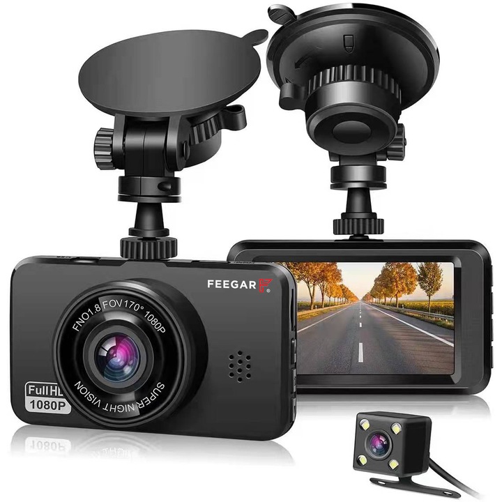 Camera auto DVR Feegar DashCam, FOV 170°, 1080p, HDR, Inregistrare Dubla, G-sensor, Sony Sensor, Loop Recording, Night Vision