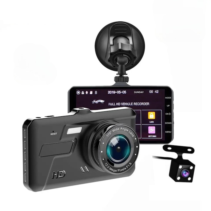 Camera auto dubla, Full HD, Rezolutie 1080p, Unghi filmare 170° in fata si 120° in spate, Ecran LCD 4 inch cu Touchscreen, Senzor G, Filmare in bucla, suporta card micro SD pana la 32 GB