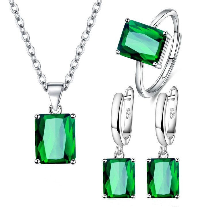 Set cercei cu inel colier, dreptunghiular romantic si la moda, S925 argint, verde, 3 buc