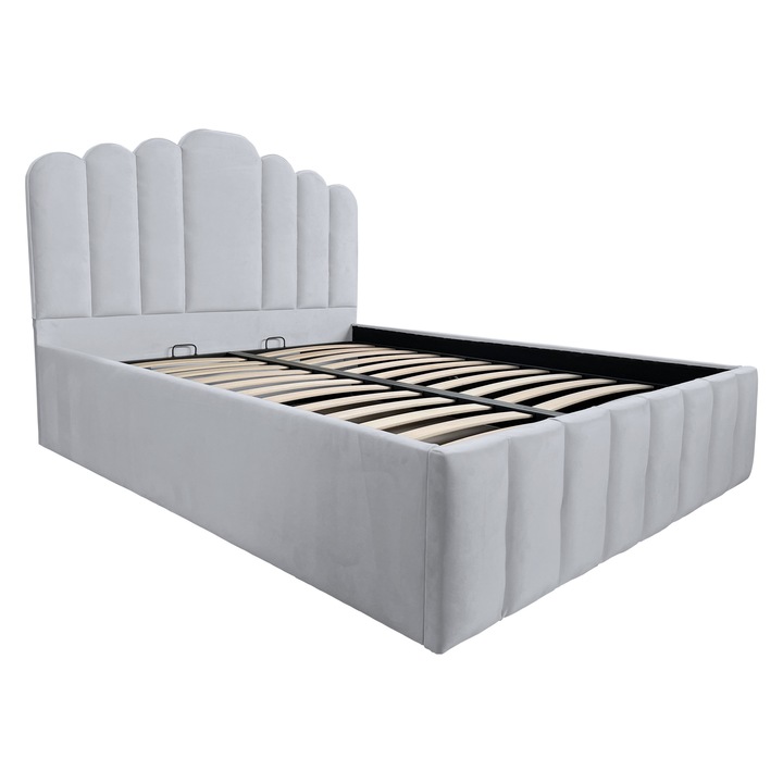 Pat tapitat Flow, cu spatiu de depozitare si somiera rabatabila, gri deschis, F22, 140x200 cm