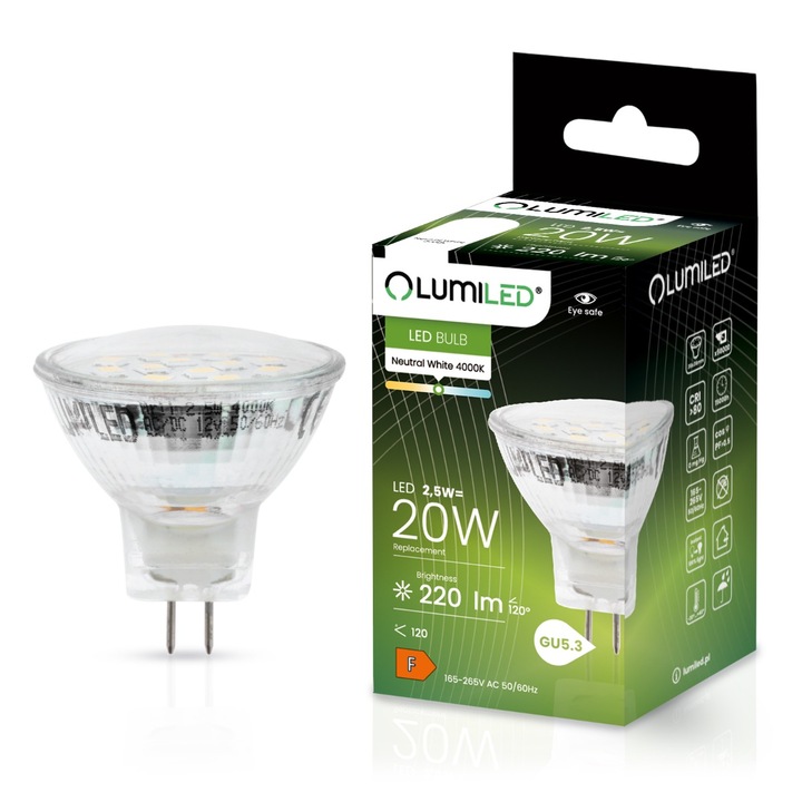 Bec LED LUMILED MR11 GU5.3 2.5W = 20W 220lm 4000K 230v Neutru 120°