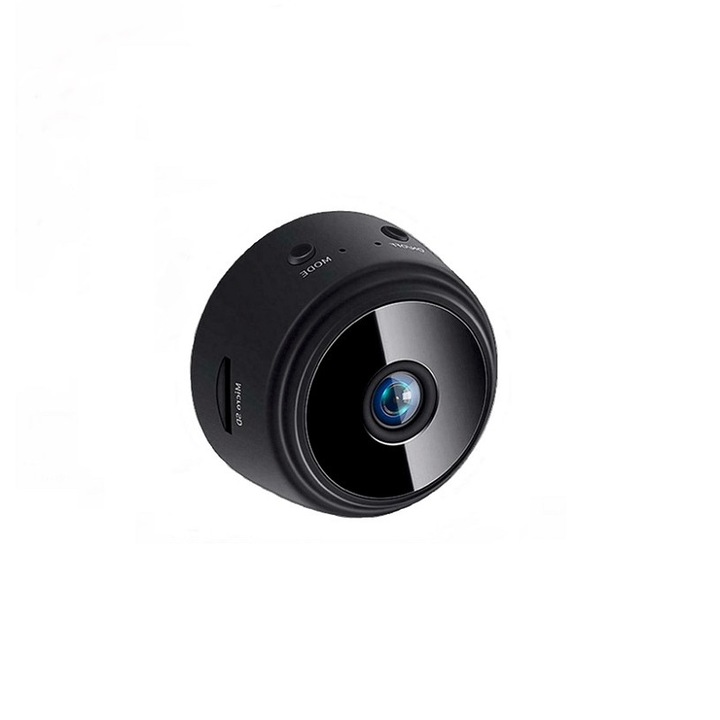 Mini camera SMARTIX® wifi A9, foto/video, senzor de miscare, microfon, acumulator incorporat, unghi 150°, ideala pentru filmarile de la bordul masinii, vedere nocturna, HD 1080p, 320 mAh, IOS, Android, Negru