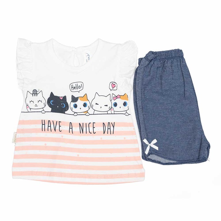 Compleu bebelus Pisicute, 2 piese, Motat, somon, bumbac antialergenic, Roz somon