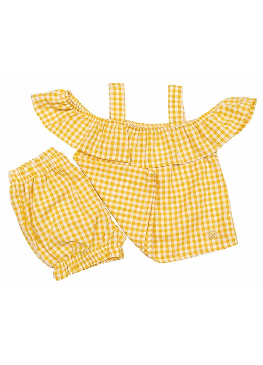 Compleu bebe Cute, 2 piese, Motat, galben, bumbac, bluza si pantaloni, Galben