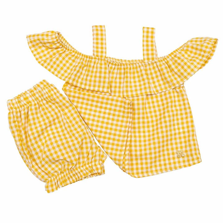 Compleu bebe Cute, 2 piese, Motat, galben, bumbac, bluza si pantaloni, Galben