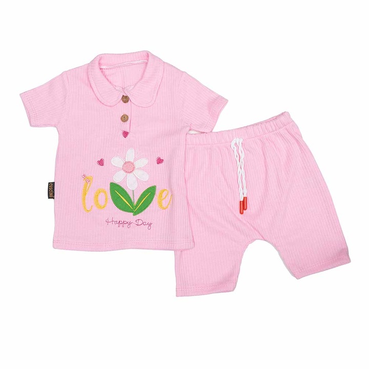 Compleu bebelus Love, 2 piese, Motat, roz, bumbac, Roz