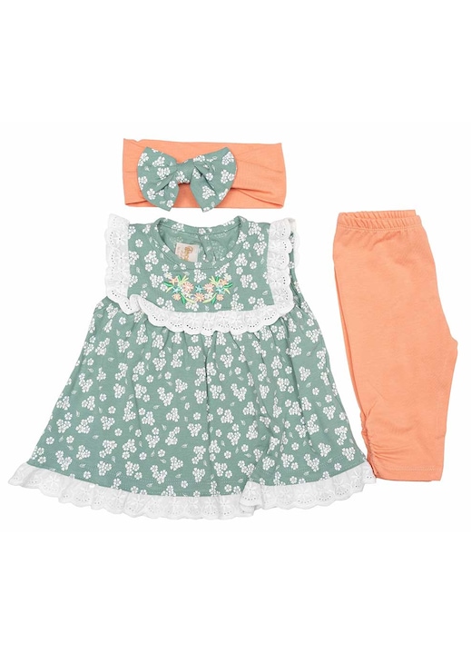 Compleu bebe Flowers, 3 piese, Motat, verde si somon, bumbac, Verde