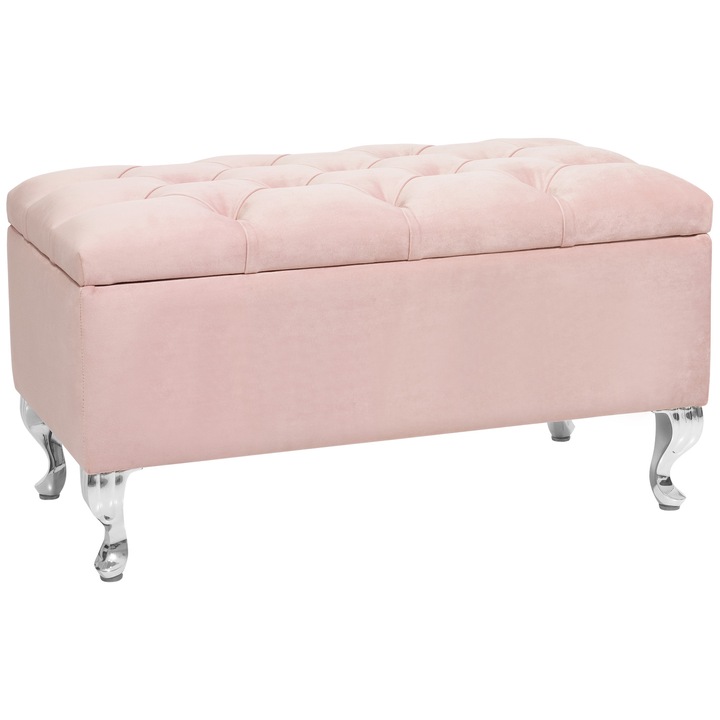 Bancheta cu spatiu de depozitare Modiano CR, Lordly, Velur matlasat, 81x42 cm, Roz