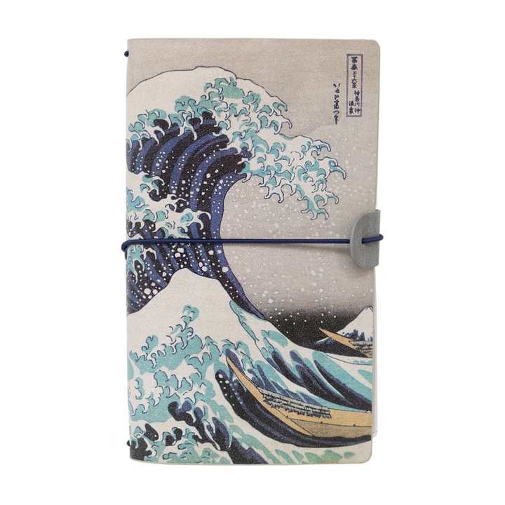 Agenda premium Hokusai Kokonote, The Great Wave off Kanagawa, coperta din piele, inchidere cu capsa si 3 buzunare interior, suport pentru carduri