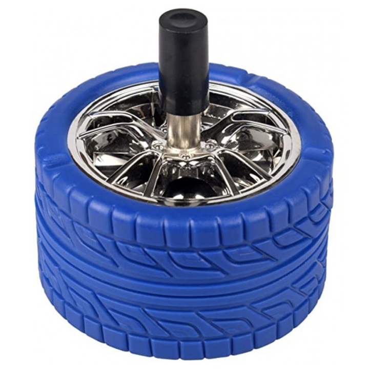 Метален пепелник Pufo Angry Wheel, ветроустойчив с копче, 12 см, син/сребрист