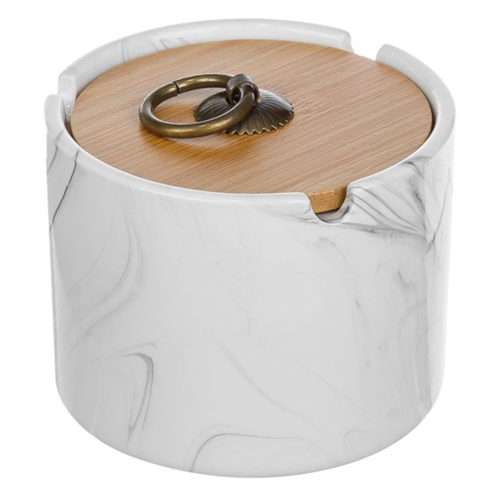 Hengeres kerámia hamutartó modell fehér márvány bambusz tetővel 10x7cm