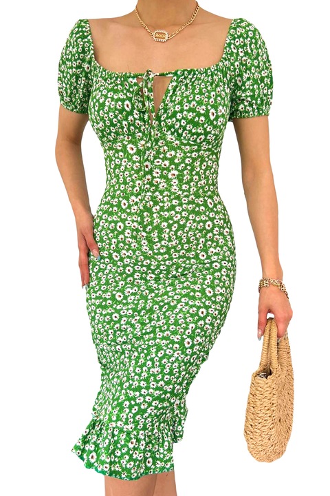 Лятна рокля Ofelia, по тялото, с волани, Зелен