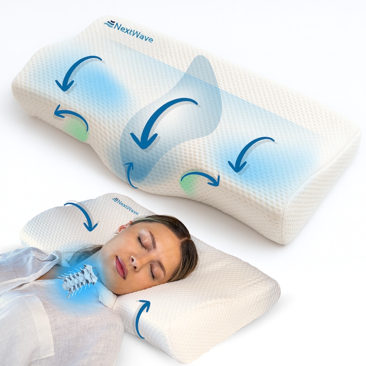 Perna ortopedica pentru dormit NextWave, Spuma cu Memorie ergonomica pentru Gat si Suport Cervical, Husa lavabila, Ideala pentru dormitul lateral, spate sau stomac, beneficii medicale, memory foam, alb