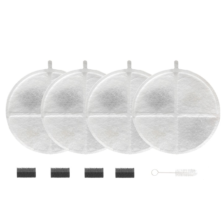 Set 4 filtre pentru dispenser apa automat Grunluft® WF006, 5 straturi filtrare, inclus 4 filtre pompa apa si perie curatare, alb