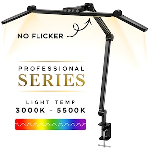 Lampa de birou LED tripla Huerler® Office Max, protectie ochi, 5 nivele intensitate, 5 temperaturi de culoare 3000k-6500k, pliabila, no flicker, aluminiu, 24W, 900 lumeni, lumina ambientala, negru