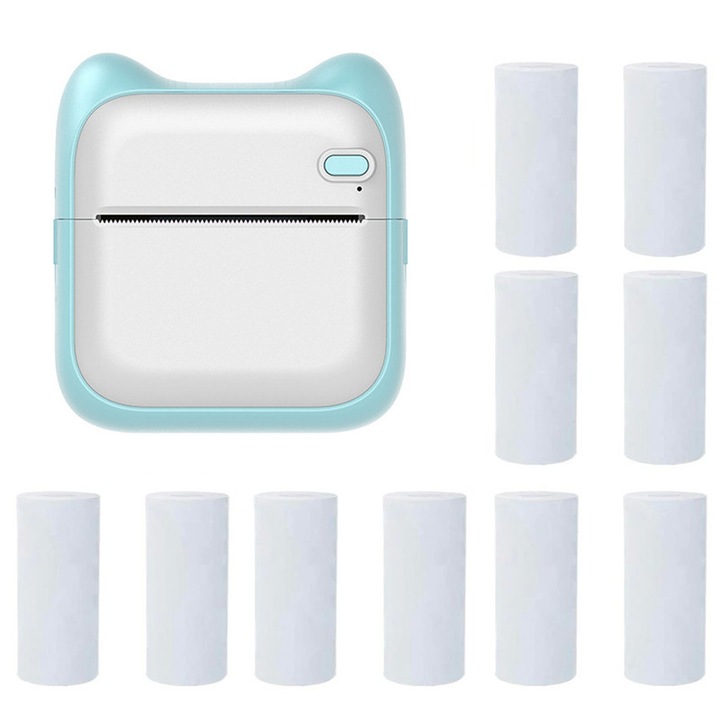 Set Mini imprimanta termica, oein®, Bluetooth, 10 role hartie 57x25mm, compatibil iOS/Android, imprimare APP, 200DPI, 1000 mAh, Incarcare USB, Portabil, Alb/Albastru