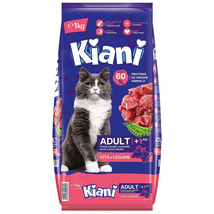 Száraztáp minden méretű macskának, KIANI vitaminokkal és ásványi anyagokkal, macska hússal és zöldségekkel, felnőtt +1 ÉV, zacskó 1 kg