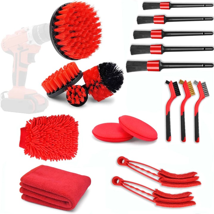 Set Premium 18 Piese detailing auto, GlowforHome, curatare masina Interior Exterior, pensule detaliere, burete aplicator, laveta microfibra, 2 perii aer conditionat, 3 perii de sarma, manusa spalare, 4 perii pentru bormasina, Rosu