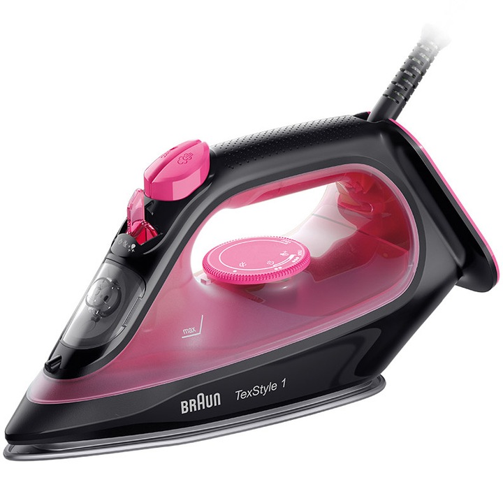 Fier de calcat Braun TexStyle 1 SI1070PU, 2000 W, abur variabil 25g/min, jet de abur 130g/min, rezervor 220 ml, talpa ceramica, sistem antipicurare, Negru/Violet