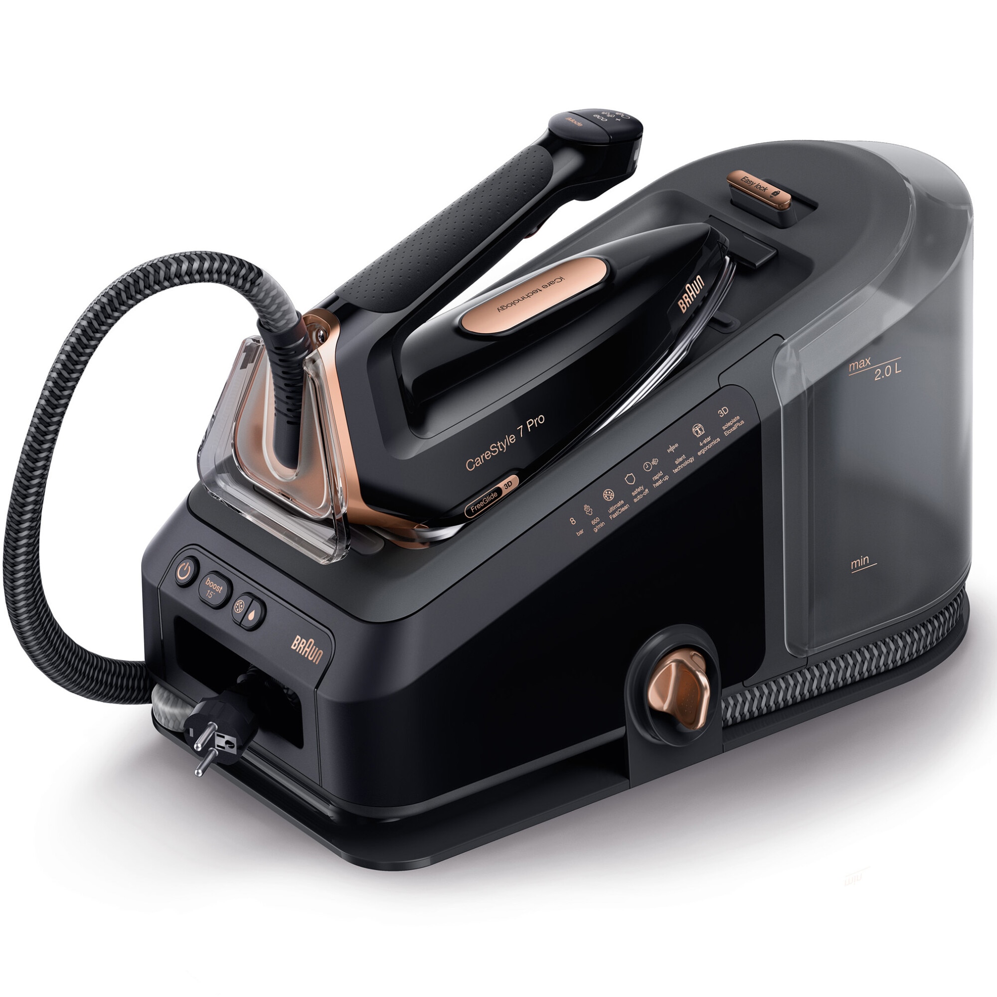 Statie de calcat Braun CareStyle 7 PRO IS7286BK, 2700W, 8 bari, abur variabil 190g/min, jet de abur 650g/min, rezervor detasabil 2L, tehnologie iMode, tehnologie iCare, tehnologie