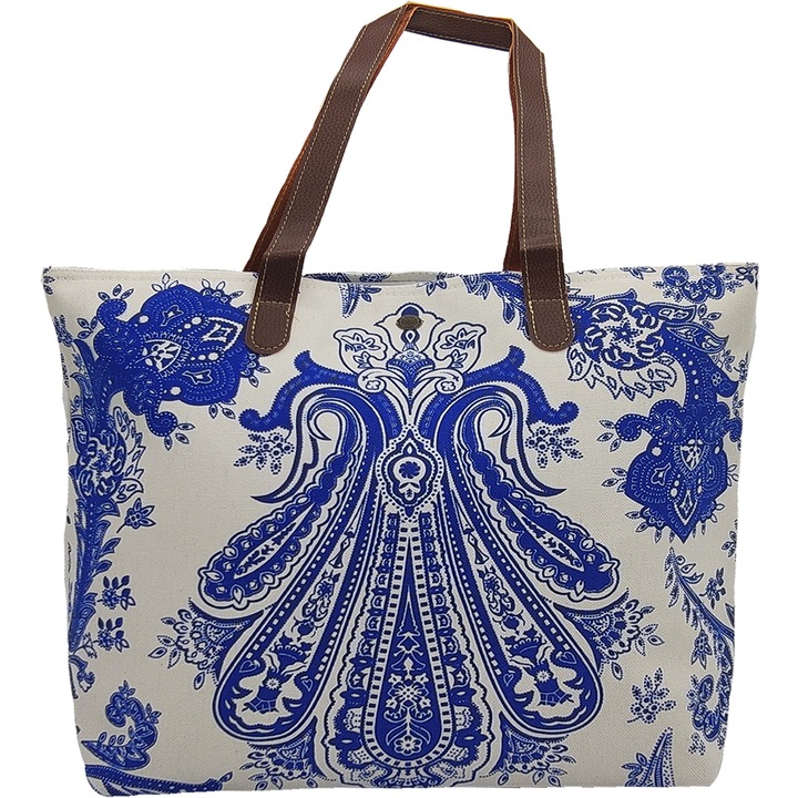Geanta plaja dama cu imprimeu Paisley, Organic Cotton, 45x12x36 cm, alb