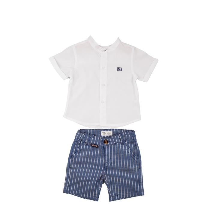 Set 2 piese baiat Babybol, camasa alba cu pantaloni scurti, dungi, bumbac, Alb