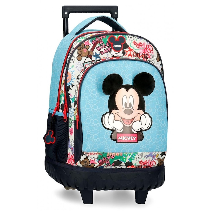 Ghiozdan troler baieti, Mickey Mouse Be Cool, 2 roti duble, 2 compartimente, 32x43x21 cm