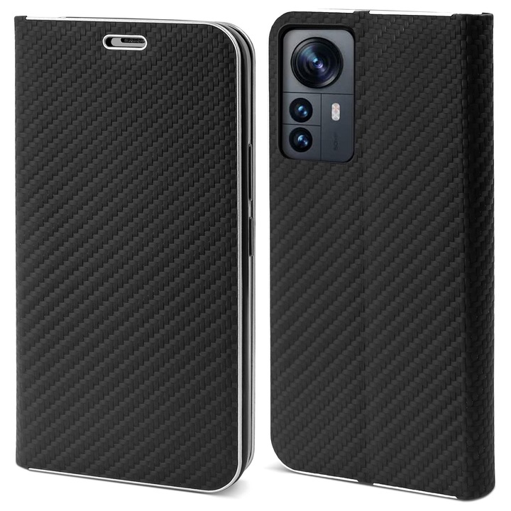 Moozy Flip On Wallet Case с метална рамка за Xiaomi 12 Pro, черен, дизайн от въглеродни влакна